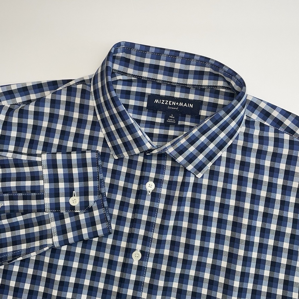 Mizzen+Main Leeward Shirt Mens Large Trim Fit Blue White Check Performance
